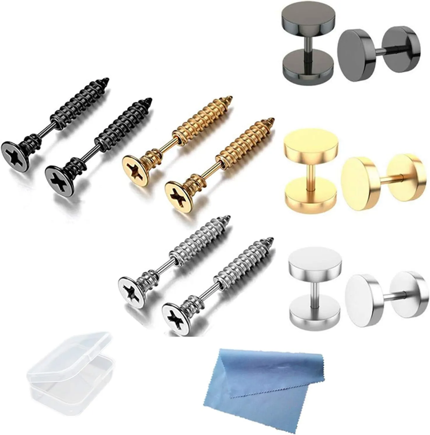 12 Pieces Stainless Steel CZ Stud Earrings for Women Men Huggie Hoop Earrings Set with Mini Cloth and Mini Box