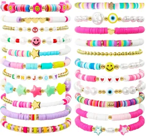 12/22Pcs Friendship Bracelets Preppy Charm Bracelets Gifts for Teen Girls Colorful Clay Beaded bracelets Stackable String Bracelets Beach Jewelry