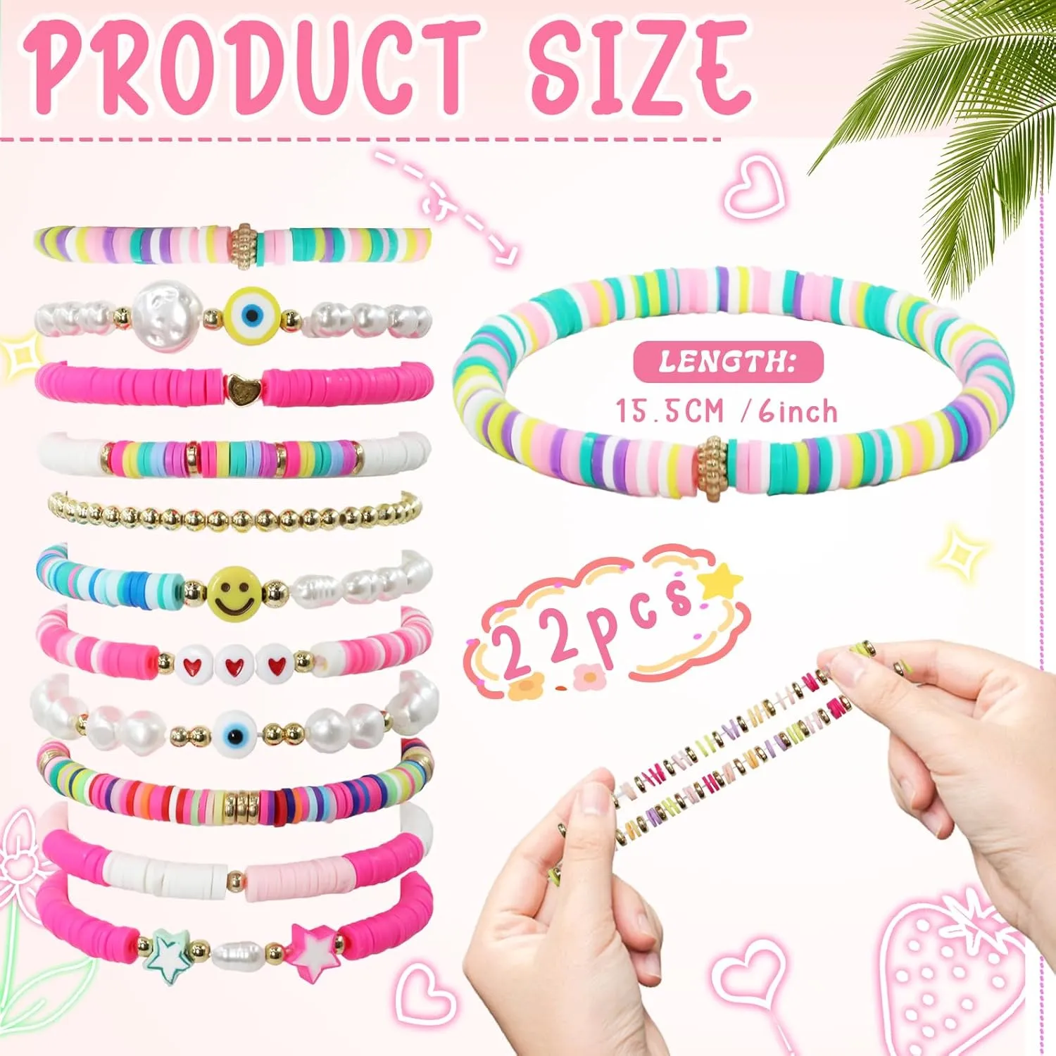 12/22Pcs Friendship Bracelets Preppy Charm Bracelets Gifts for Teen Girls Colorful Clay Beaded bracelets Stackable String Bracelets Beach Jewelry