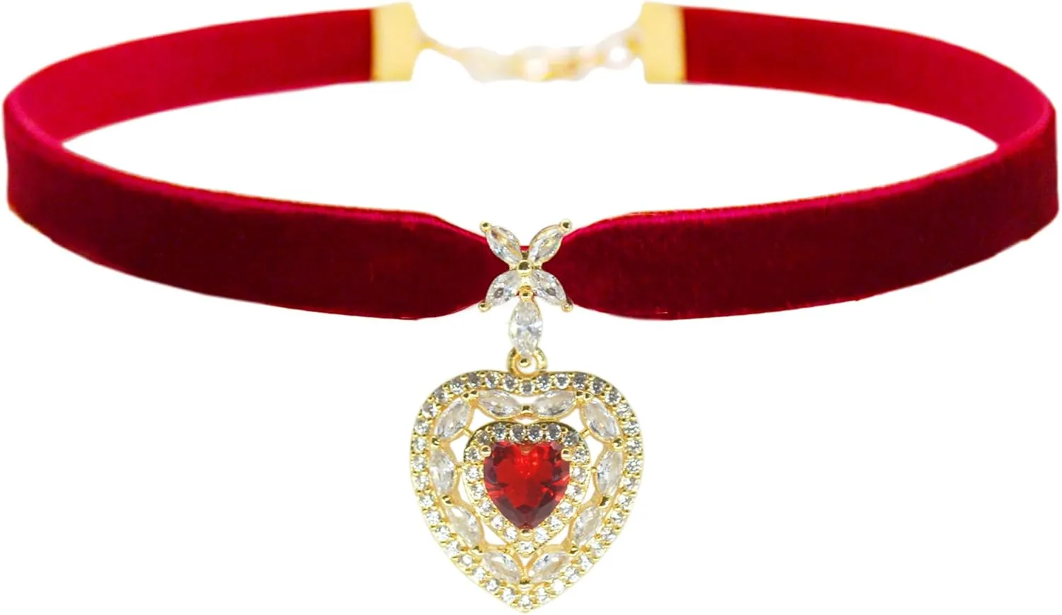 14K Gold Plated Imitation Ruby Love Zircon Necklace Red Heart Crystal Pendant Velvet Choker Necklace for Women 90s Goth Chocker Cute Vampire Accessories Womens Jewelry