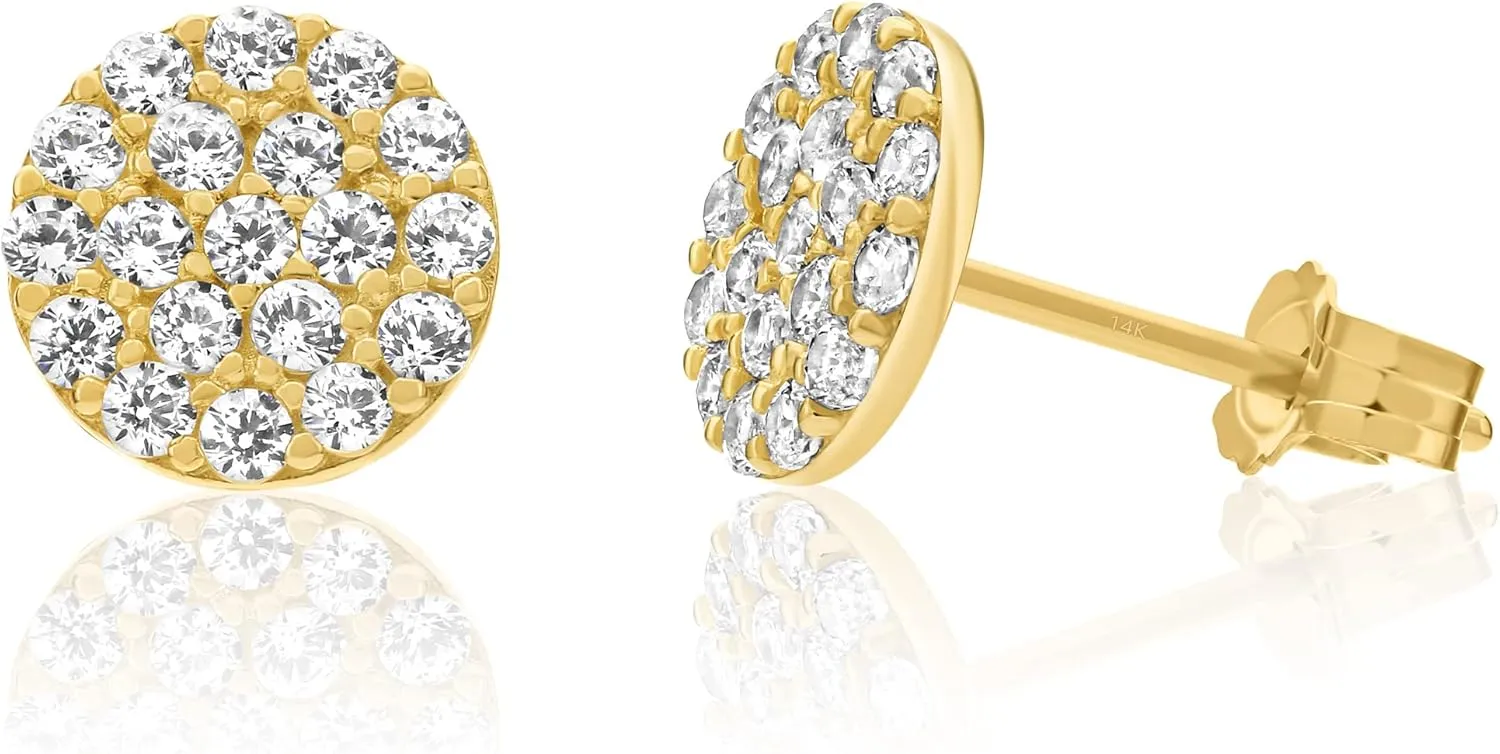 14K Yellow Gold Circle Studs Pave CZ Mini Disc Round Dot Earrings for Women