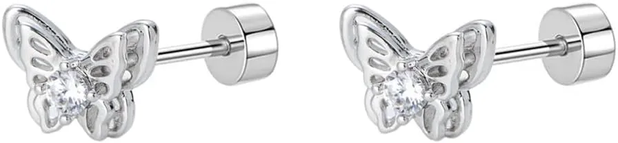 18g Titanium Butterfly Stud Earrings for Women Stainless Steel Hypoallergenic CZ Cute Animal Crystal Tiny Tragus Cartilage Flat Screw Back Post Piercing Sensitive Ear Gift Birthday Christmas Wedding