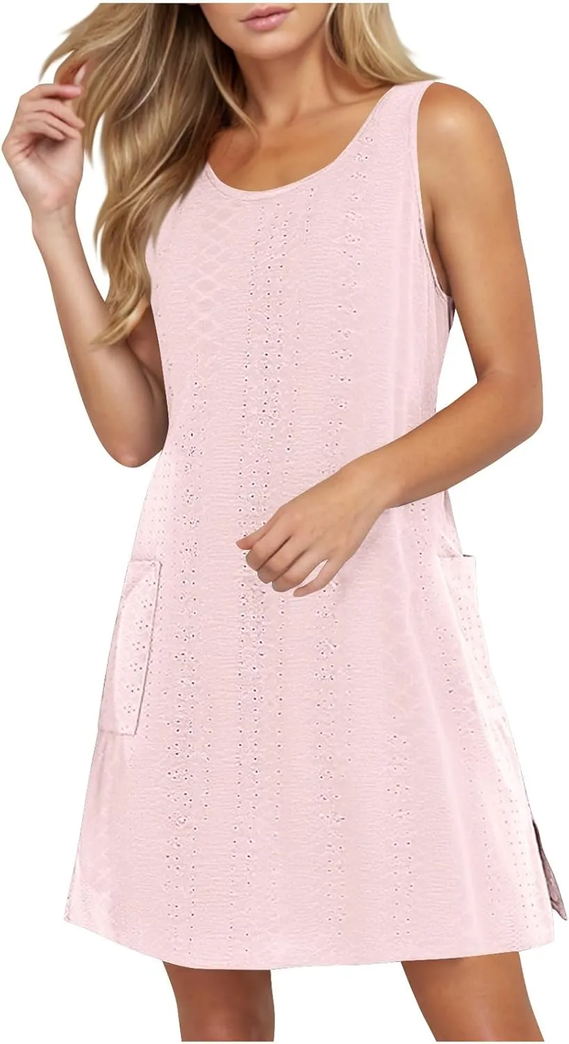 2025 Women Eyelet Button Down Sleeveless Dress Casual Flowy Short Dresses Summer Beach Tank Mini Dress with Pocket