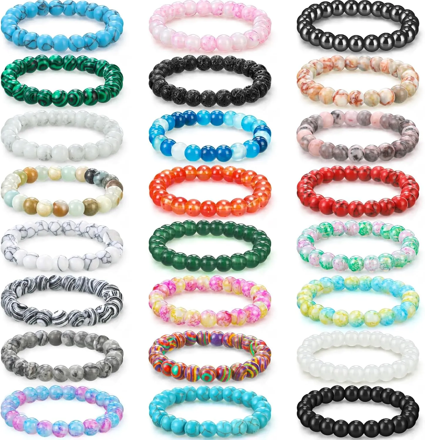 24 Pcs 8mm Gemstones Beaded Bracelets for Men Women Stretch Round Bead Bracelets Set Healing Crystal Stone Bracelets Semi Precious Bracelets