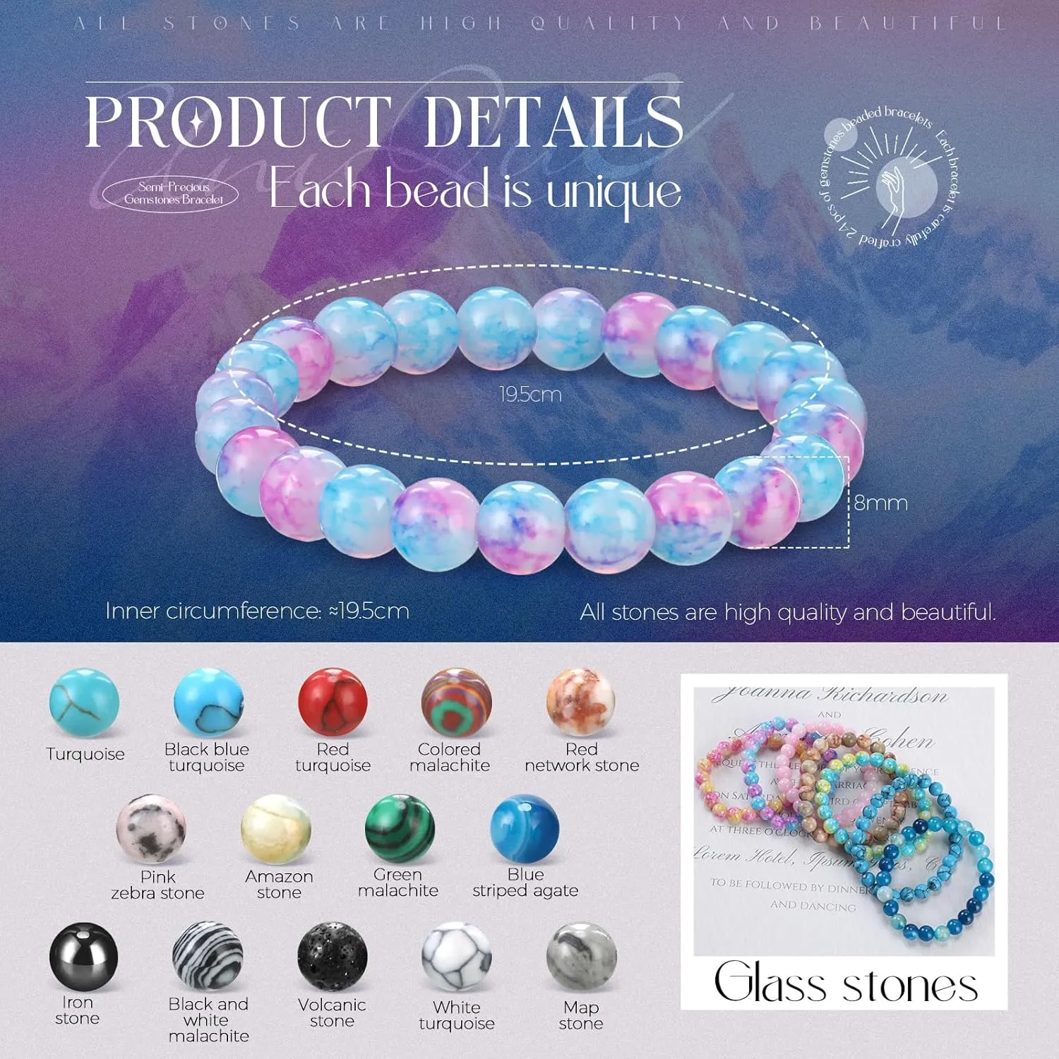 24 Pcs 8mm Gemstones Beaded Bracelets for Men Women Stretch Round Bead Bracelets Set Healing Crystal Stone Bracelets Semi Precious Bracelets