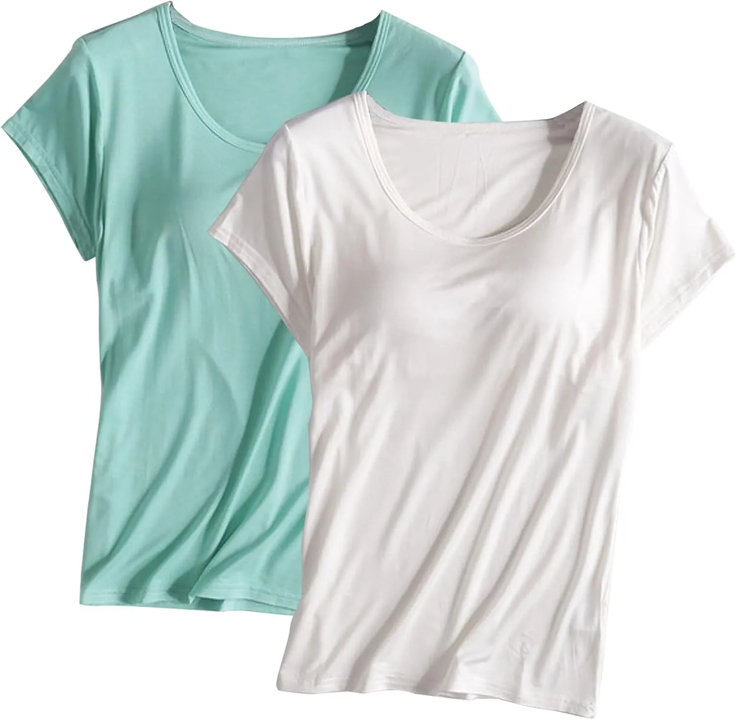 2PCS T-Shirt with Built-in Bra Women Workout Yoga Tops Short Sleeve Padded Bras Soft Pajama Plus Size Athletic Shirts