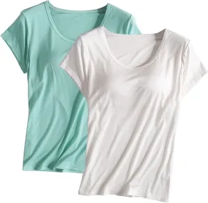 2PCS T-Shirt with Built-in Bra Women Workout Yoga Tops Short Sleeve Padded Bras Soft Pajama Plus Size Athletic Shirts