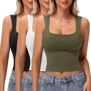 3 Pack Women's Square Neck Tank Tops Double Layer Slim Fit Basic Crop Tank Top Sexy Going Out Tops Camisole