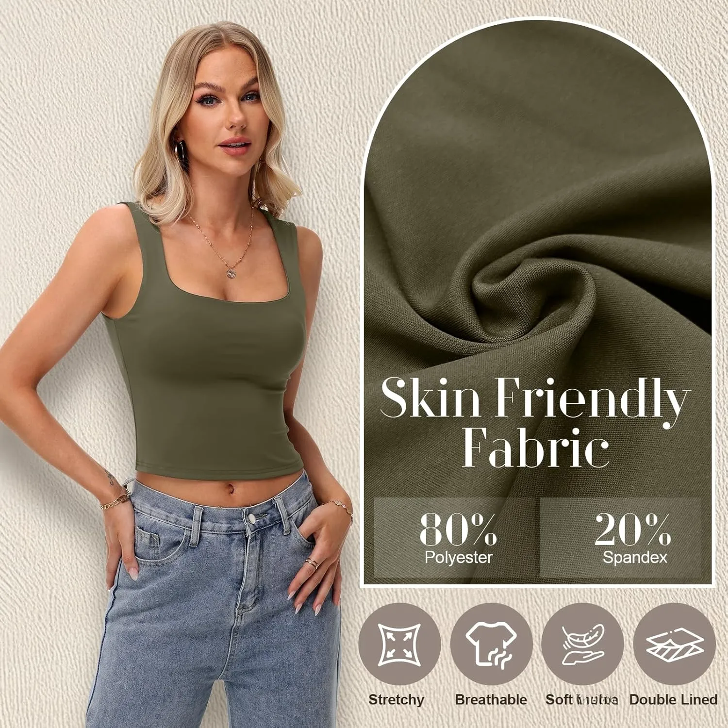3 Pack Women's Square Neck Tank Tops Double Layer Slim Fit Basic Crop Tank Top Sexy Going Out Tops Camisole
