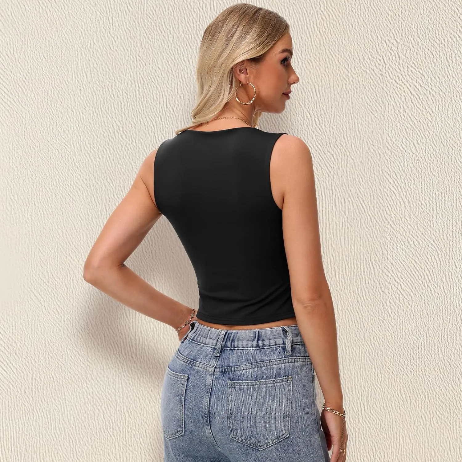 3 Pack Women's Square Neck Tank Tops Double Layer Slim Fit Basic Crop Tank Top Sexy Going Out Tops Camisole