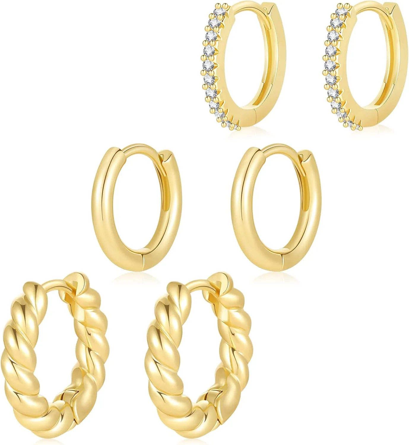 3 Set Gold Small Huggie Hoop Earrings for 3 Holes for Women Tiny Hoop Stack Earrings for Multiple Piercing Hypoallergenic Mini Huggie Hoops