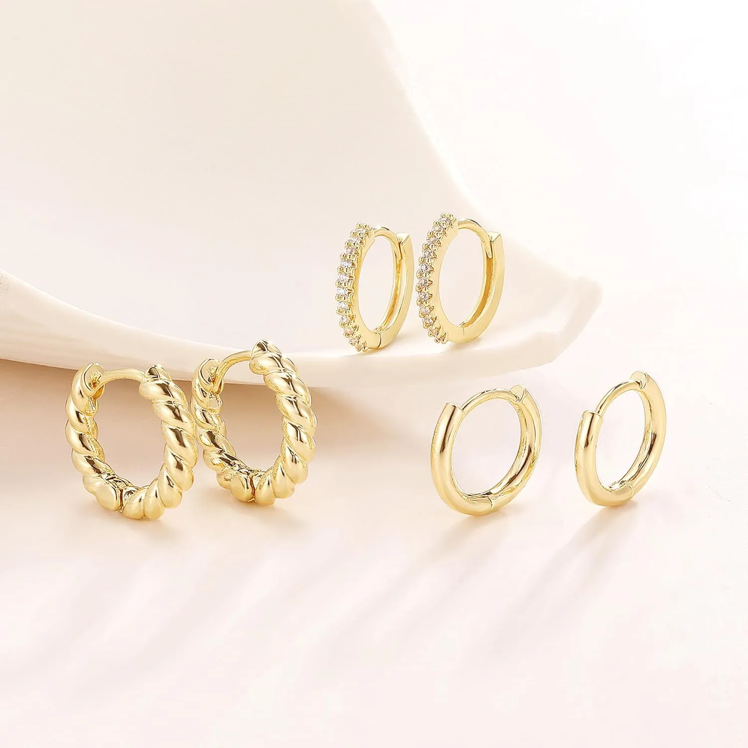 3 Set Gold Small Huggie Hoop Earrings for 3 Holes for Women Tiny Hoop Stack Earrings for Multiple Piercing Hypoallergenic Mini Huggie Hoops