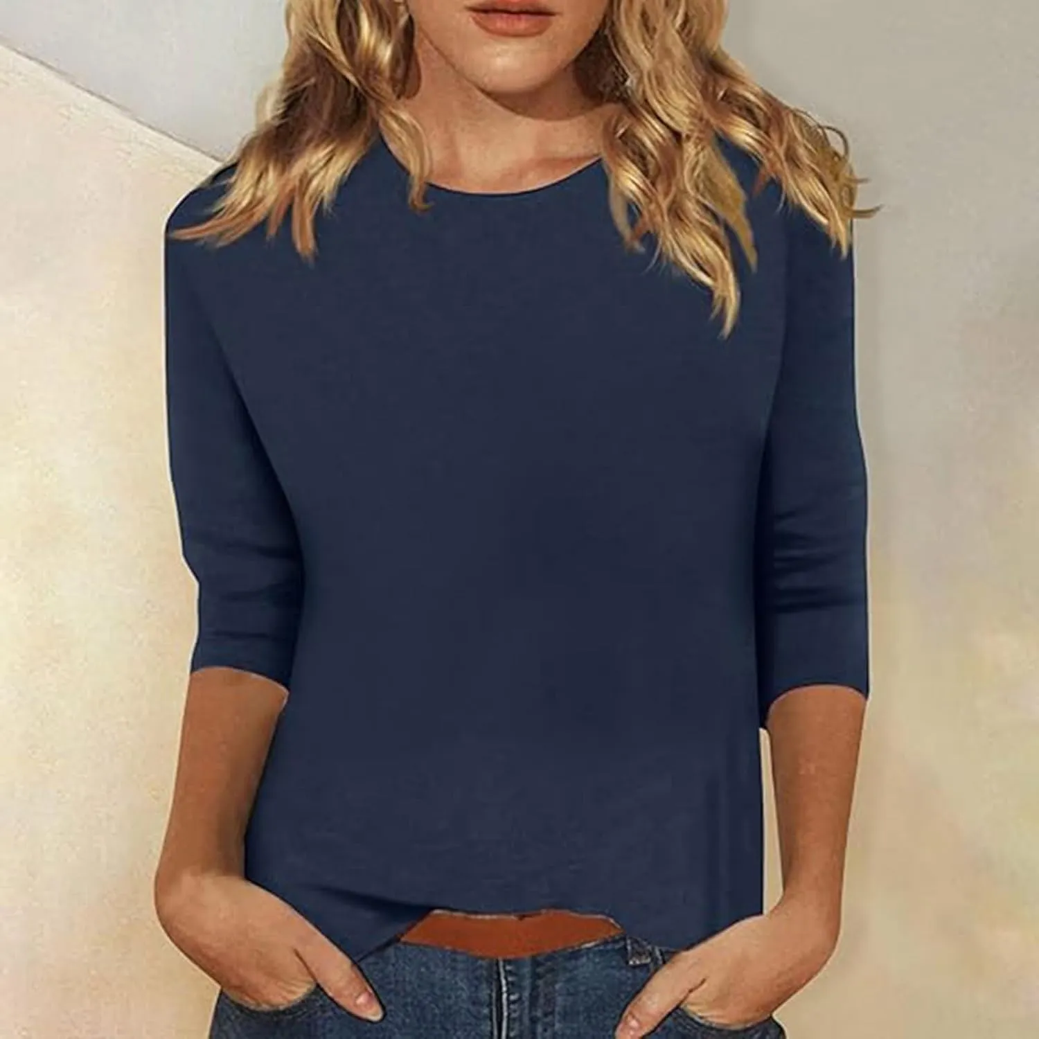 3/4 Length Sleeve Womens Tops Casual Crewneck Tunic Blouses to Wear with Leggings Trendy Loose Fit Tshirt Cotton Tees
