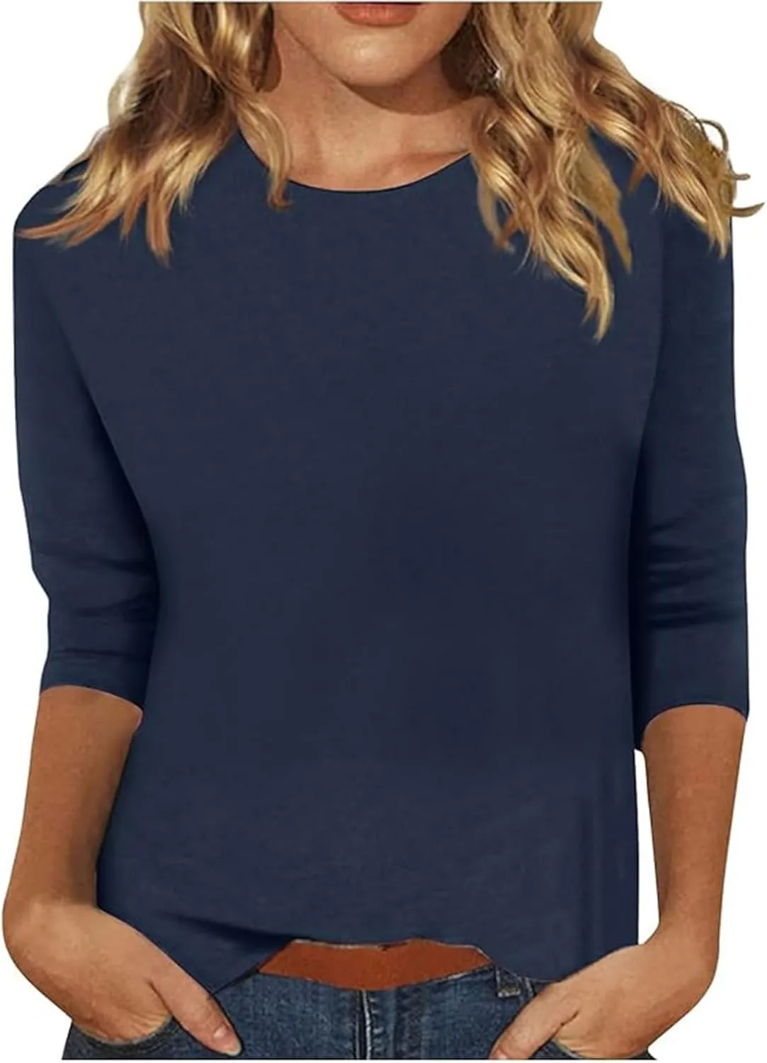 3/4 Length Sleeve Womens Tops Casual Crewneck Tunic Blouses to Wear with Leggings Trendy Loose Fit Tshirt Cotton Tees