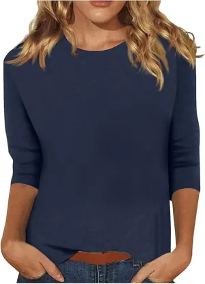 3/4 Length Sleeve Womens Tops Casual Crewneck Tunic Blouses to Wear with Leggings Trendy Loose Fit Tshirt Cotton Tees