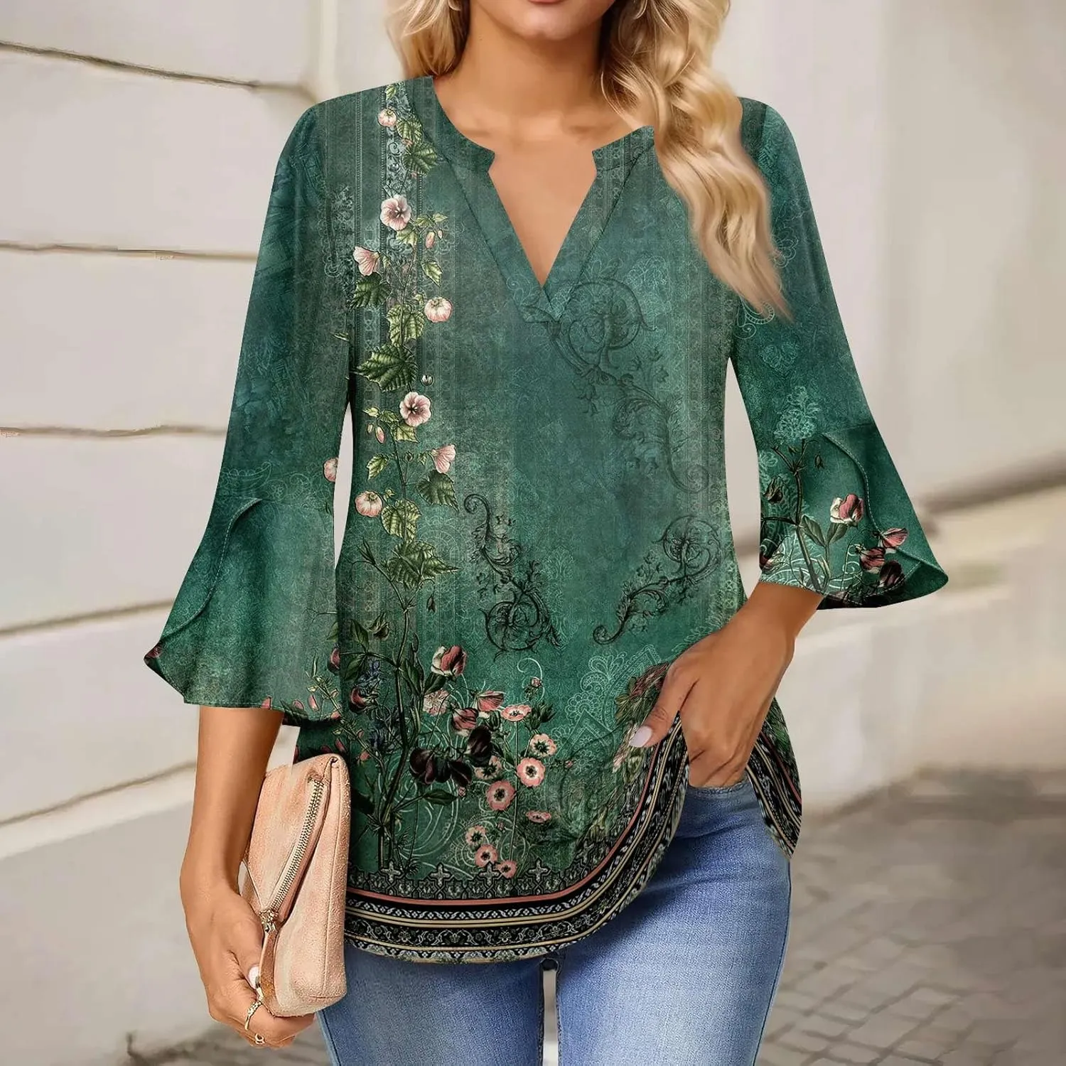 3/4 Length Sleeve Womens Tops V Neck Spring Outfits 2025 Trendy Petal Bell Sleeve Fitted Tunics Tops Shirts