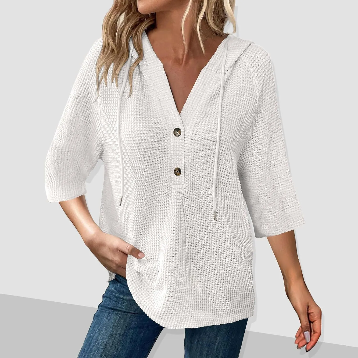 3/4 Sleeve Length Womens Tops Waffle Knit Button V Neck Tunic Shirt Loose Fit Pullover Hoodie Casual Summer Blouses