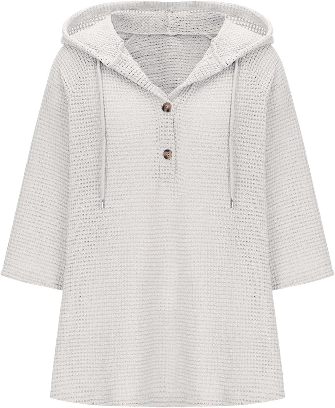 3/4 Sleeve Length Womens Tops Waffle Knit Button V Neck Tunic Shirt Loose Fit Pullover Hoodie Casual Summer Blouses