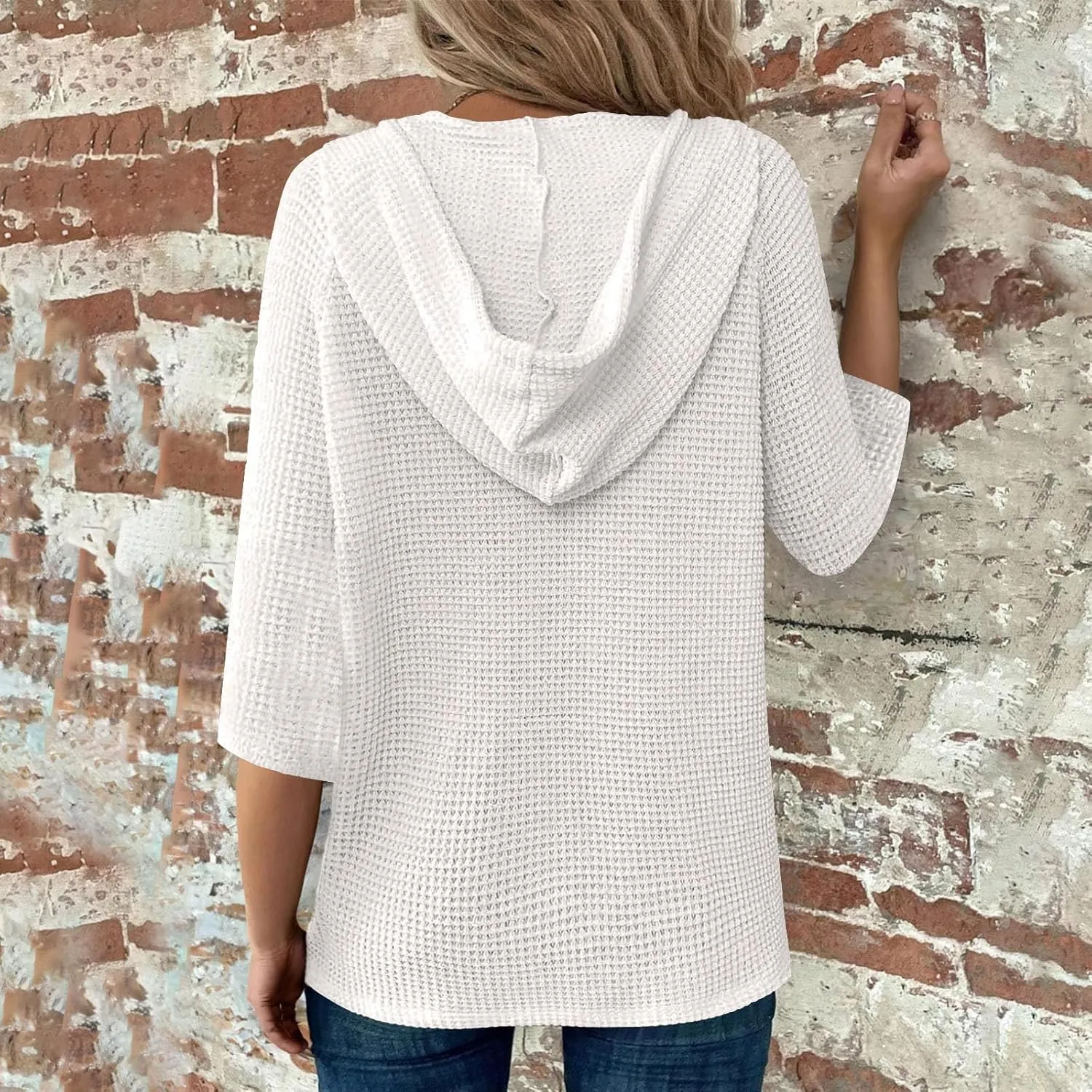 3/4 Sleeve Length Womens Tops Waffle Knit Button V Neck Tunic Shirt Loose Fit Pullover Hoodie Casual Summer Blouses