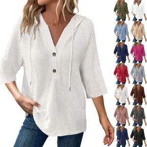 3/4 Sleeve Length Womens Tops Waffle Knit Button V Neck Tunic Shirt Loose Fit Pullover Hoodie Casual Summer Blouses