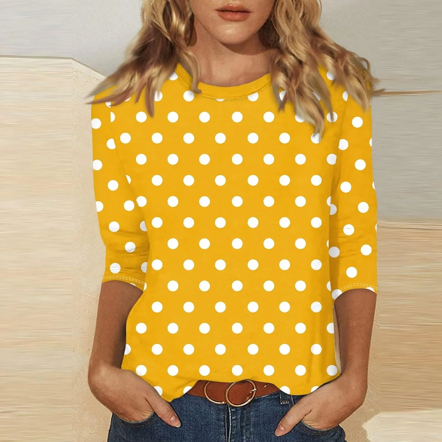 3/4 Sleeve Shirts for Women Spring Striped Crewneck Business Casual Tops Loose Three Quarter Length Work Blouses