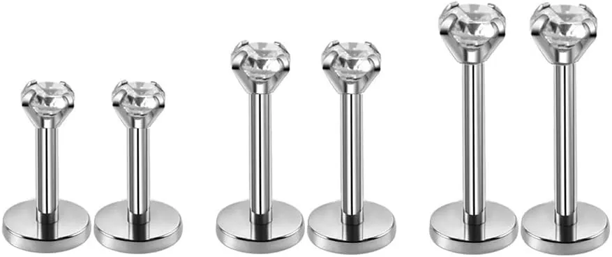 3Pairs 18g Round CZ Labret Cartilage Tragus Monroe Lip Nose Helix Studs Earrings for Women Men Stainless Steel Cubic Zirconia Huggie Tiny Small Mini Stud Fashion Piercing Jewelry Gifts