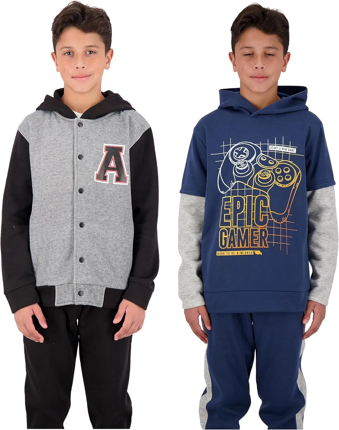 4 Piece Boys Jogger Sets for Kids 2 Pack Fleece Hoodie and Pull-On Sweatpants for Kids Skateboarding