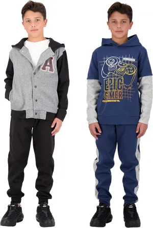 4 Piece Boys Jogger Sets for Kids 2 Pack Fleece Hoodie and Pull-On Sweatpants for Kids Skateboarding