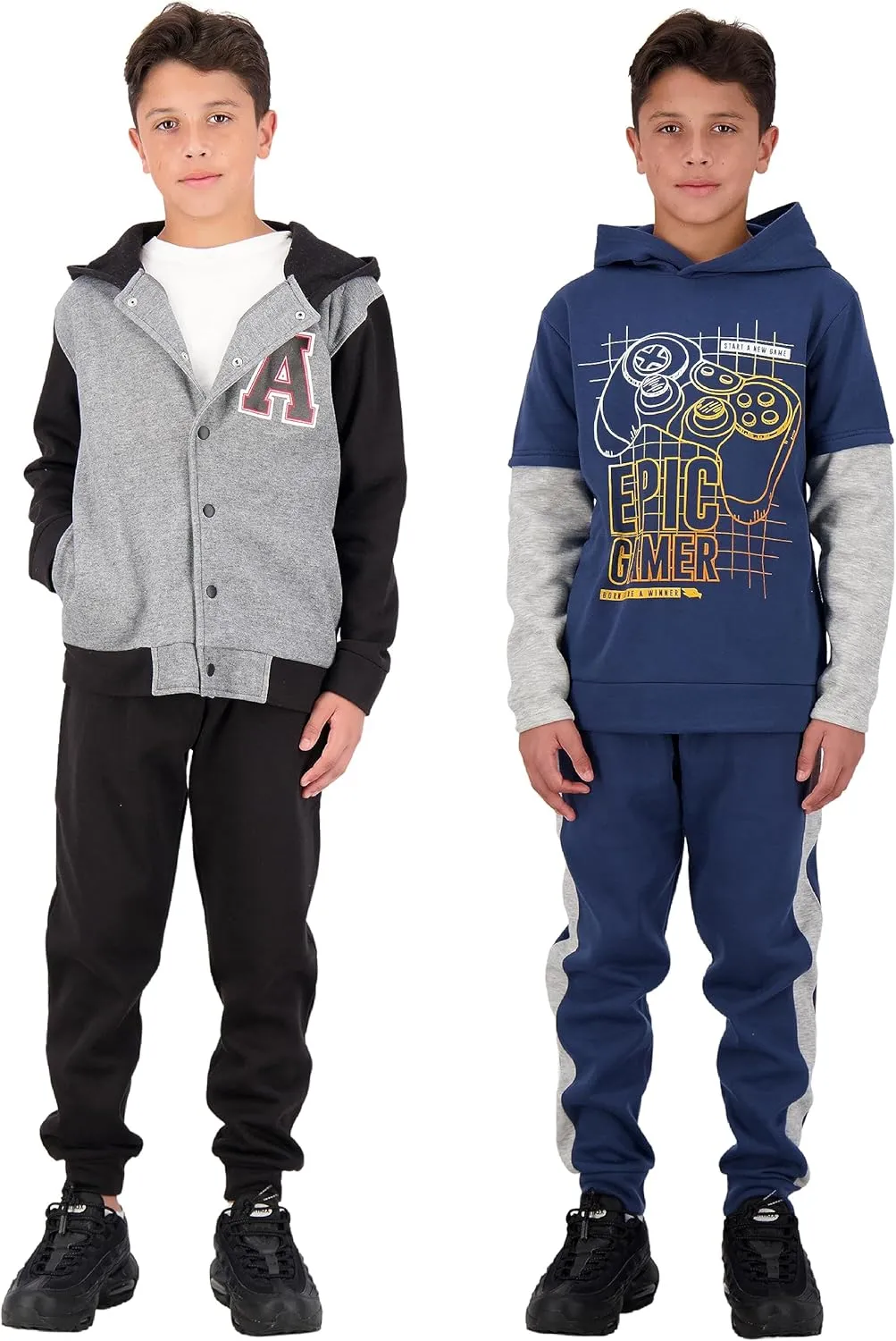4 Piece Boys Jogger Sets for Kids 2 Pack Fleece Hoodie and Pull-On Sweatpants for Kids Skateboarding