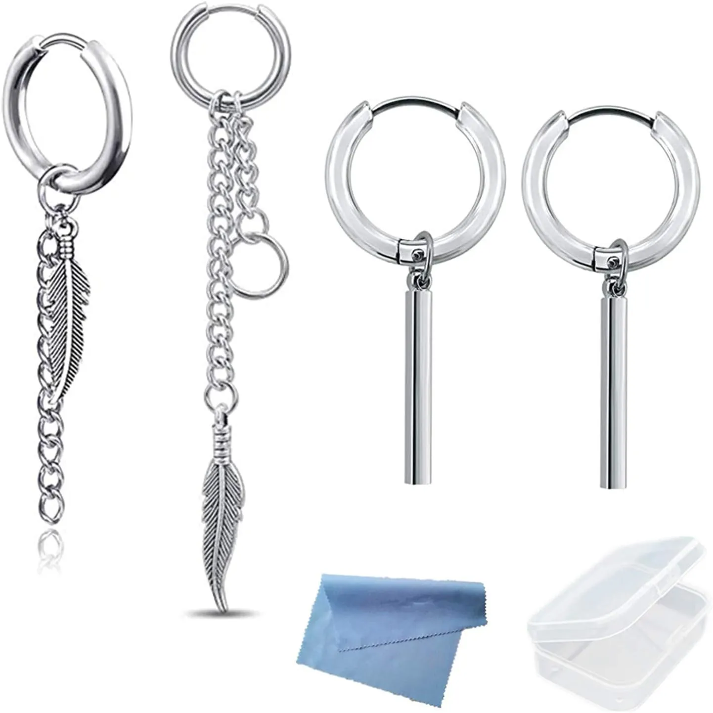 4 Pieces Stainless Steel Huggie Hinged Hoop Earrings with Long Chains Dangle Feather Leaves for Men Women with Mini Cloth and Mini Box