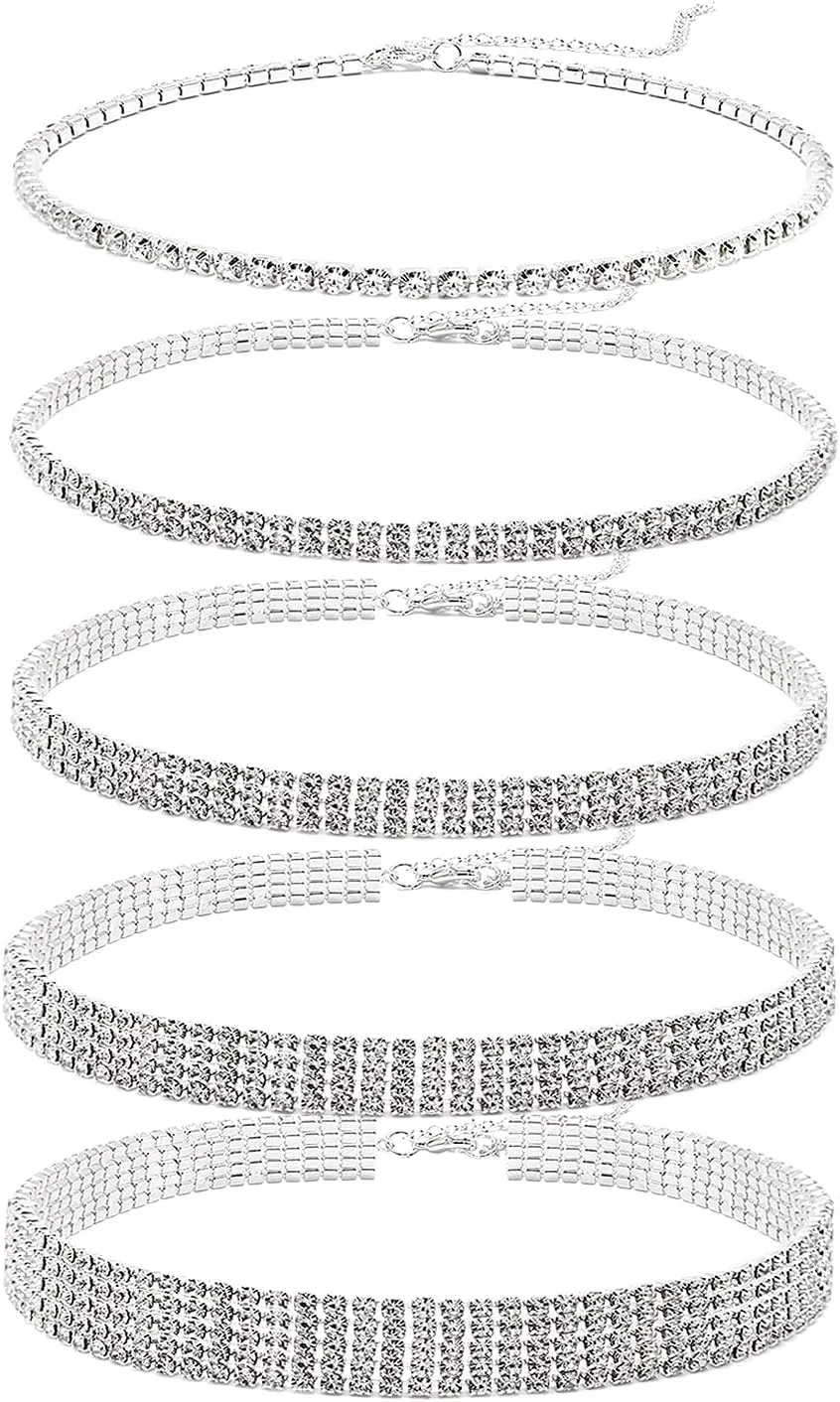 5 Pieces Rhinestone Choker Necklaces Silver Gold Plated Sparkly Diamond Choker Dainty Crystal Bridal Wedding Jewelry for Women