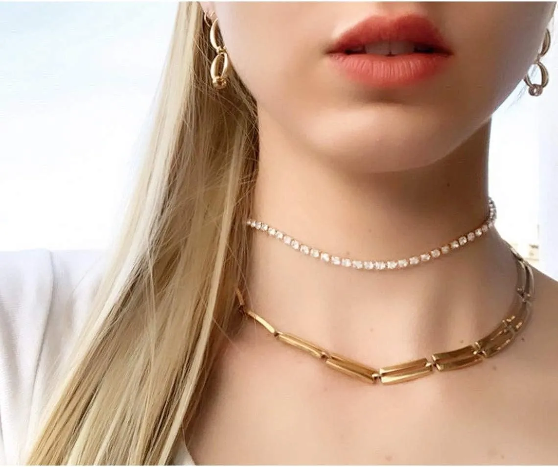 5 Pieces Rhinestone Choker Necklaces Silver Gold Plated Sparkly Diamond Choker Dainty Crystal Bridal Wedding Jewelry for Women