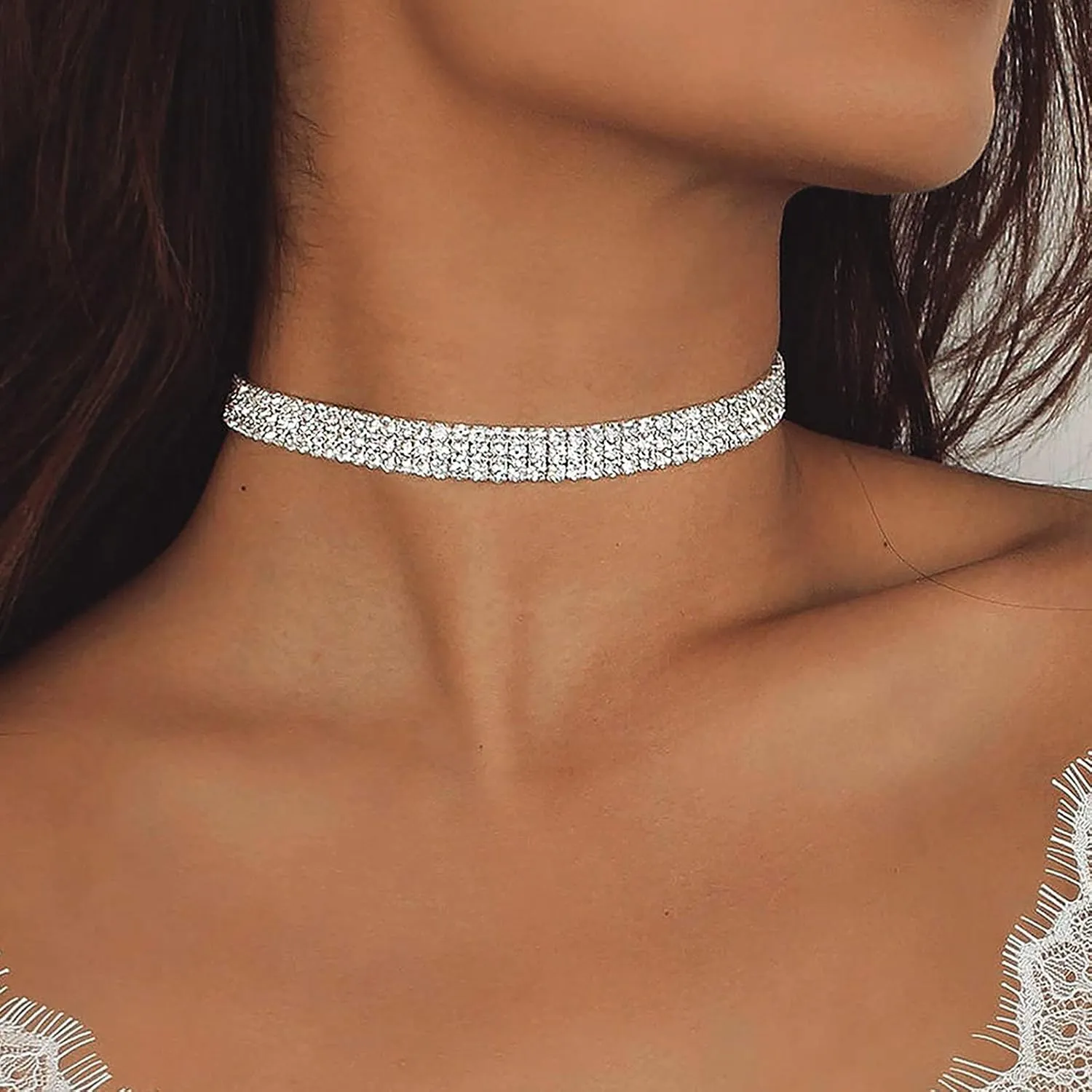 5 Pieces Rhinestone Choker Necklaces Silver Gold Plated Sparkly Diamond Choker Dainty Crystal Bridal Wedding Jewelry for Women