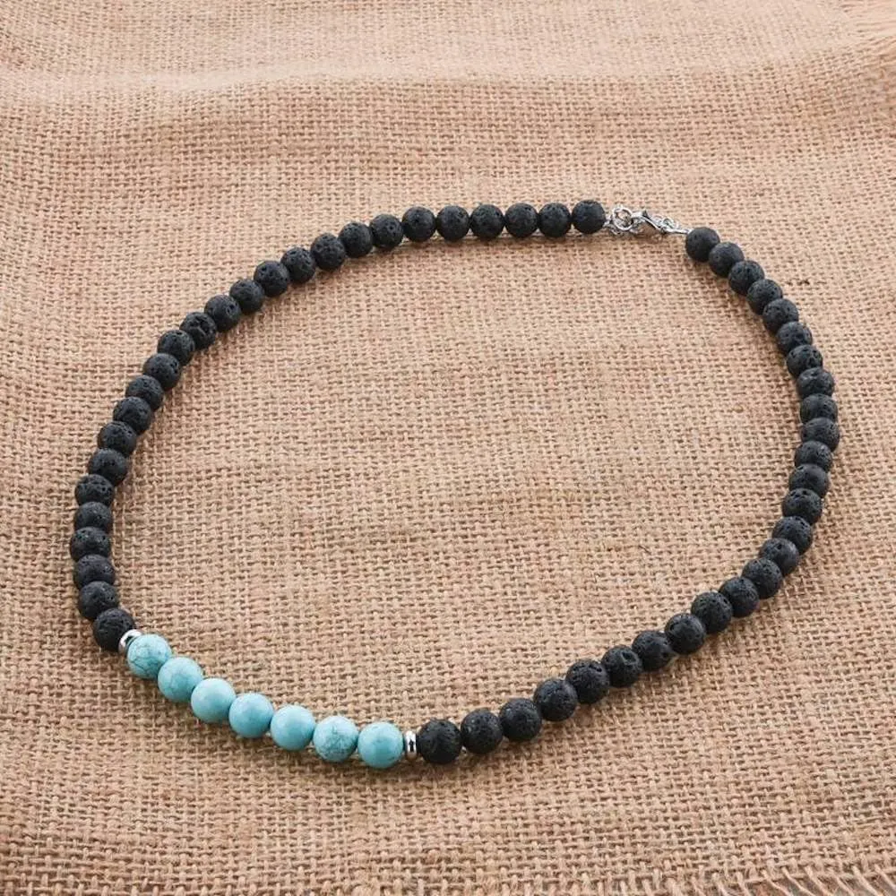 7 Chakra Beaded Stone Strand Necklaces for Women Men Natural Black Rock Lava Gemstone Chokers Reiki Healing Stone Long Pendant Necklace Christmas Birthday Gifts
