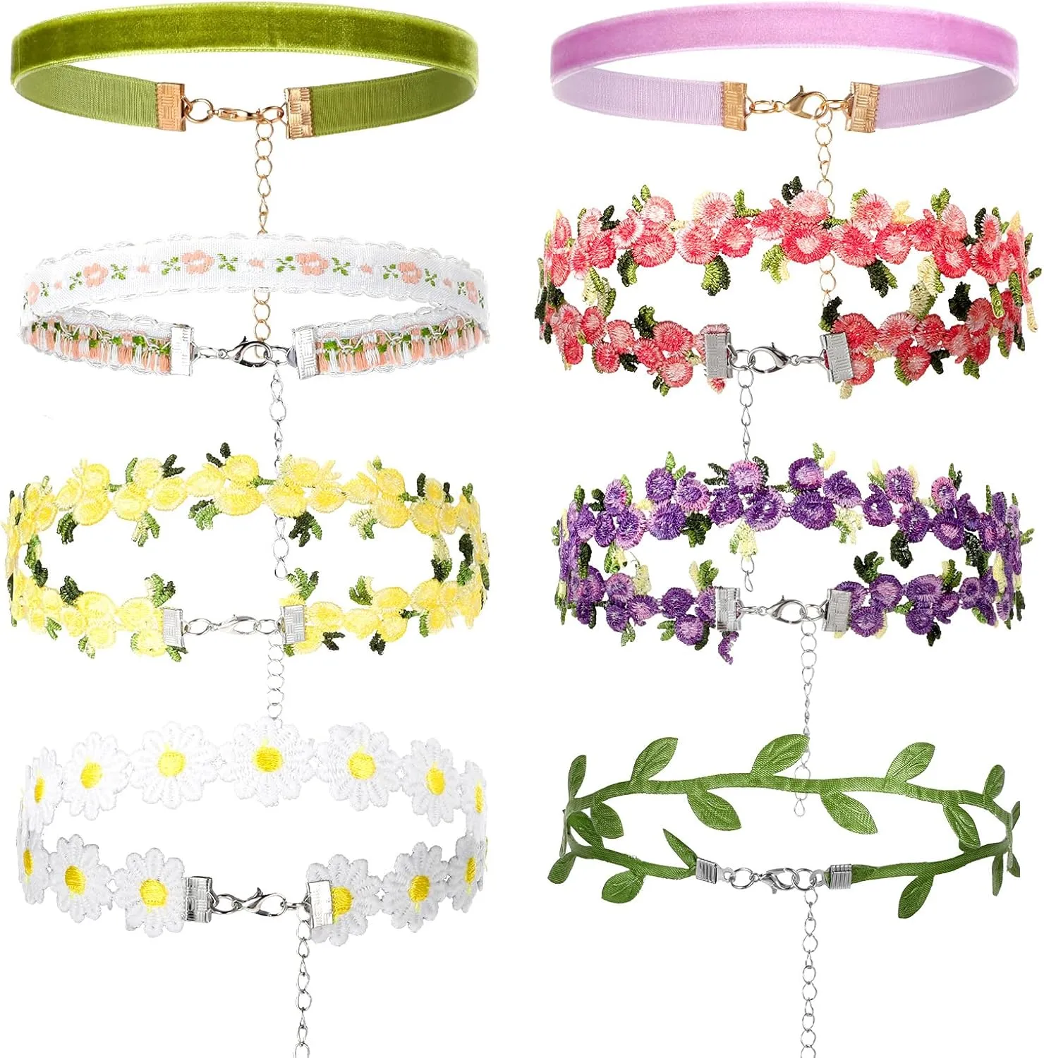 8PCS Choker Necklace for Women Girls, Black Lace Velvet Chockers, Daisy Gothic Punk Classic Choker, Adjustable Bohemian Flower Floral Lace Necklaces, Leaf Pendant Clavicular Chain for Party
