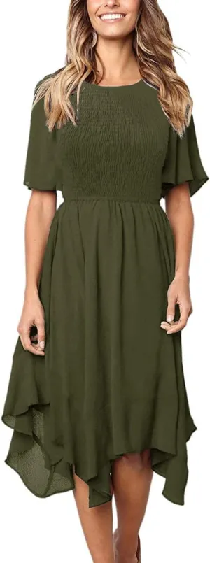 Alaster Womens Chiffon Short Sleeve Casual Midi Dress Irregular Hem Summer Dress