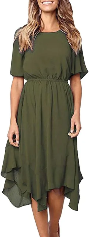 Alaster Womens Chiffon Short Sleeve Casual Midi Dress Irregular Hem Summer Dress
