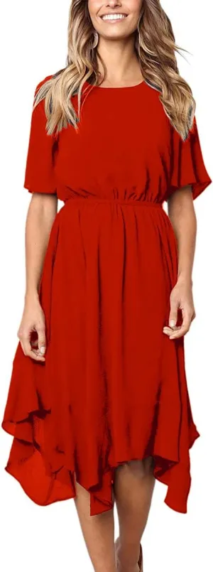 Alaster Womens Chiffon Short Sleeve Casual Midi Dress Irregular Hem Summer Dress