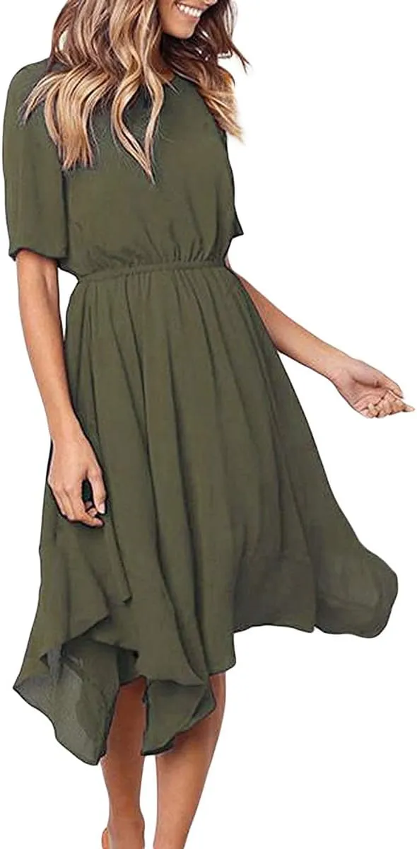 Alaster Womens Chiffon Short Sleeve Casual Midi Dress Irregular Hem Summer Dress