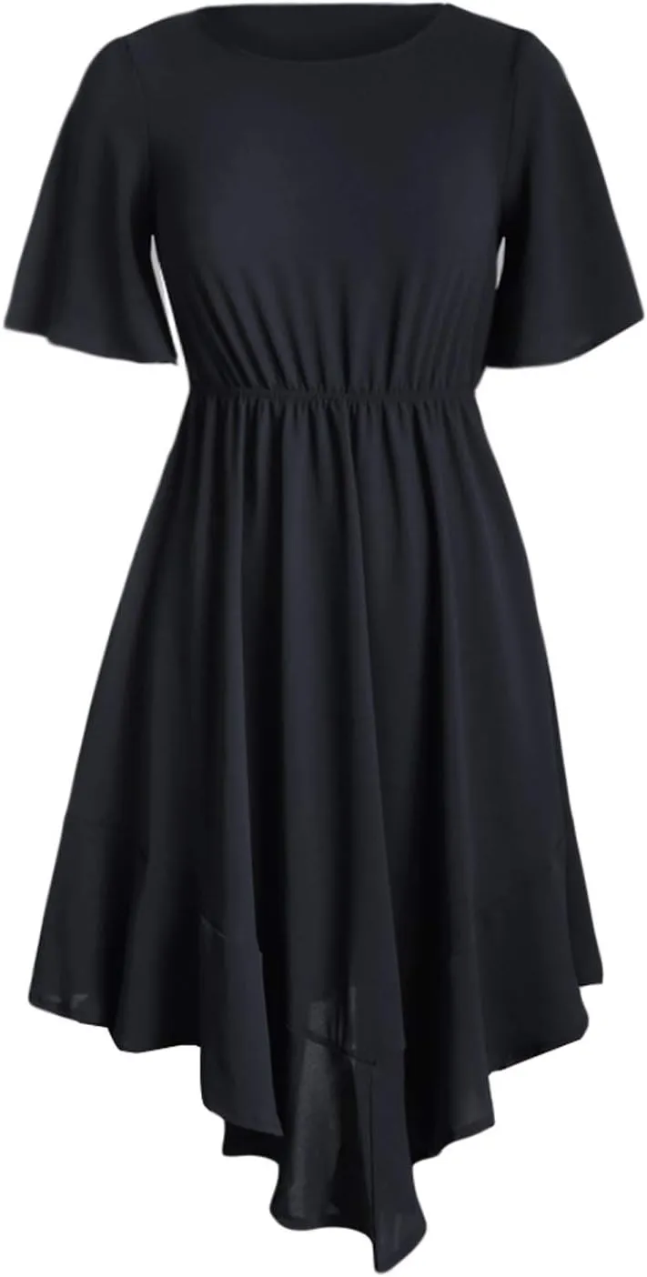 Alaster Womens Chiffon Short Sleeve Casual Midi Dress Irregular Hem Summer Dress