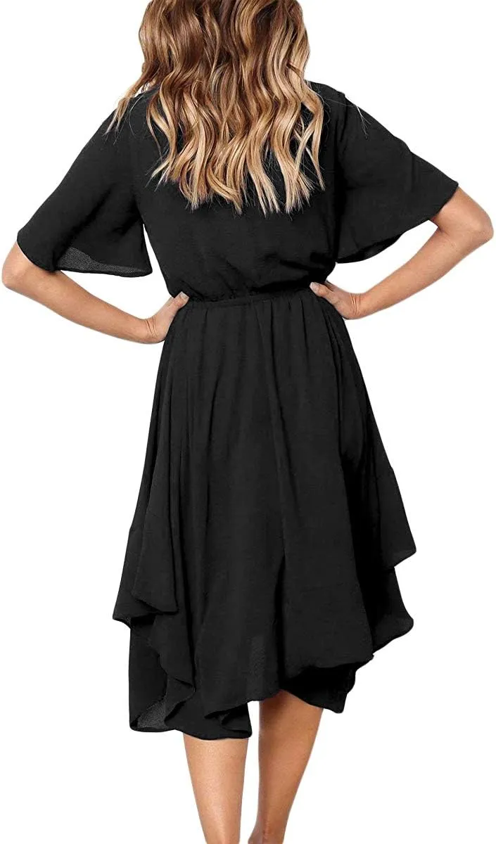 Alaster Womens Chiffon Short Sleeve Casual Midi Dress Irregular Hem Summer Dress