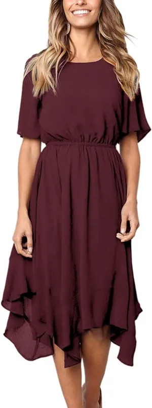Alaster Womens Chiffon Short Sleeve Casual Midi Dress Irregular Hem Summer Dress