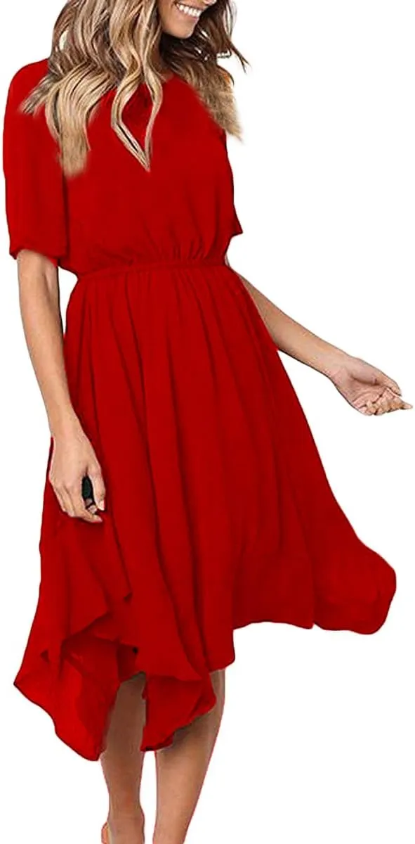 Alaster Womens Chiffon Short Sleeve Casual Midi Dress Irregular Hem Summer Dress
