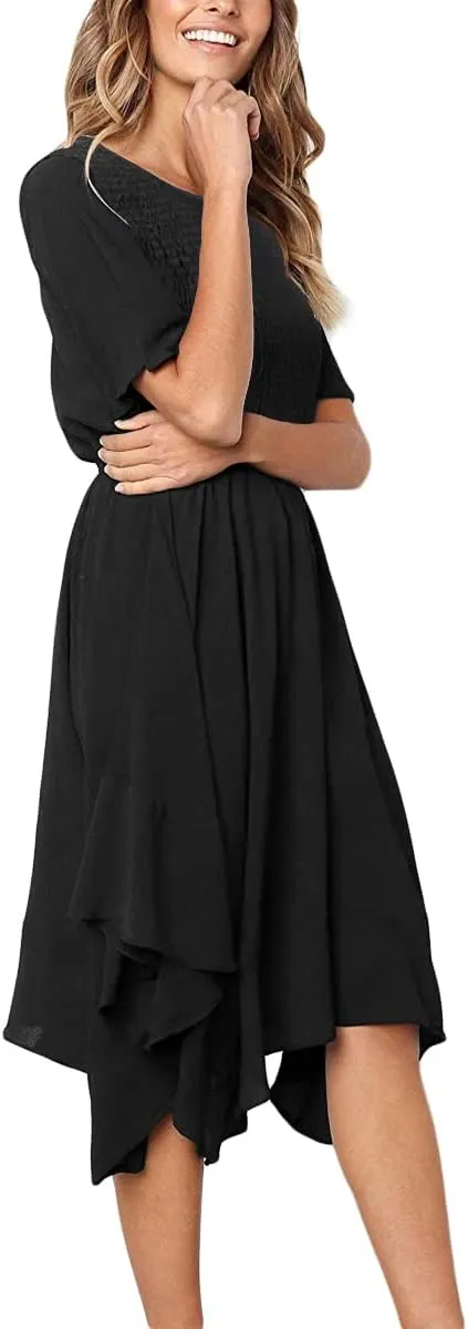 Alaster Womens Chiffon Short Sleeve Casual Midi Dress Irregular Hem Summer Dress
