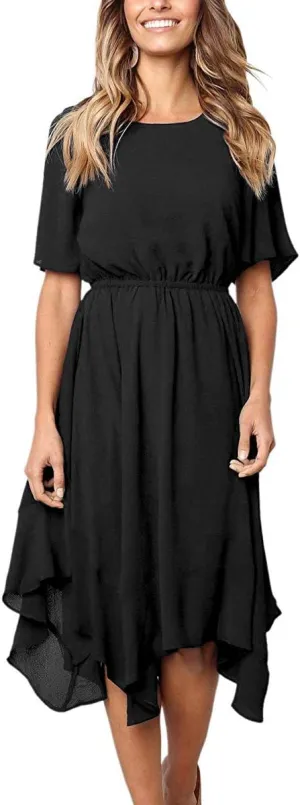 Alaster Womens Chiffon Short Sleeve Casual Midi Dress Irregular Hem Summer Dress