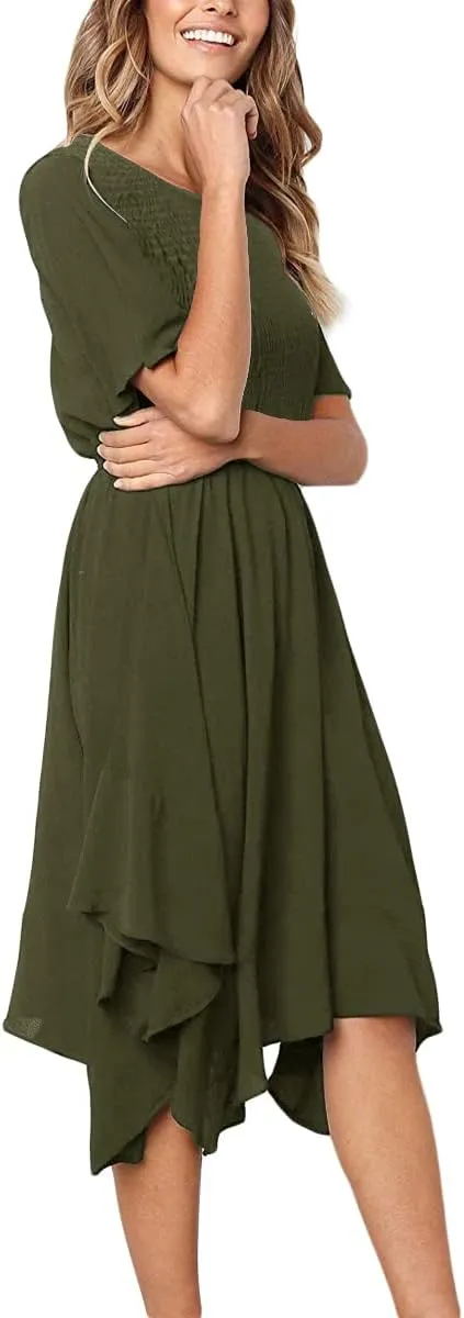 Alaster Womens Chiffon Short Sleeve Casual Midi Dress Irregular Hem Summer Dress