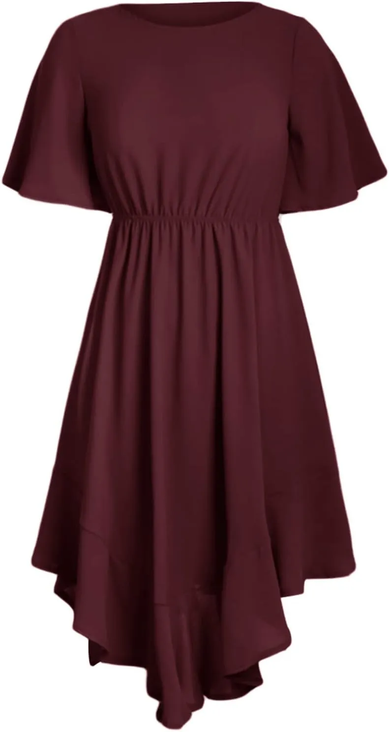 Alaster Womens Chiffon Short Sleeve Casual Midi Dress Irregular Hem Summer Dress