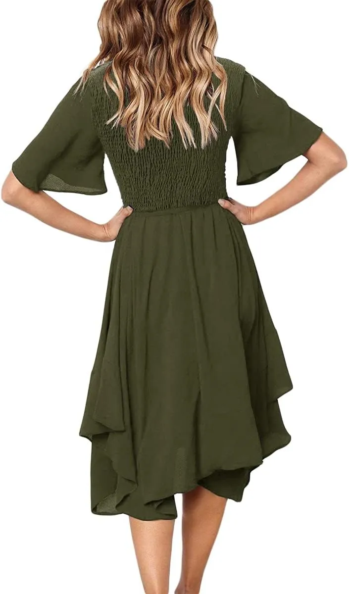 Alaster Womens Chiffon Short Sleeve Casual Midi Dress Irregular Hem Summer Dress