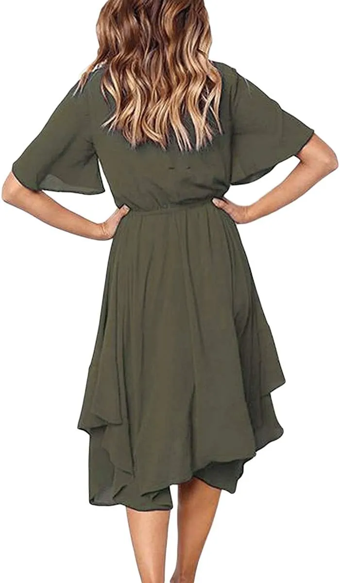Alaster Womens Chiffon Short Sleeve Casual Midi Dress Irregular Hem Summer Dress