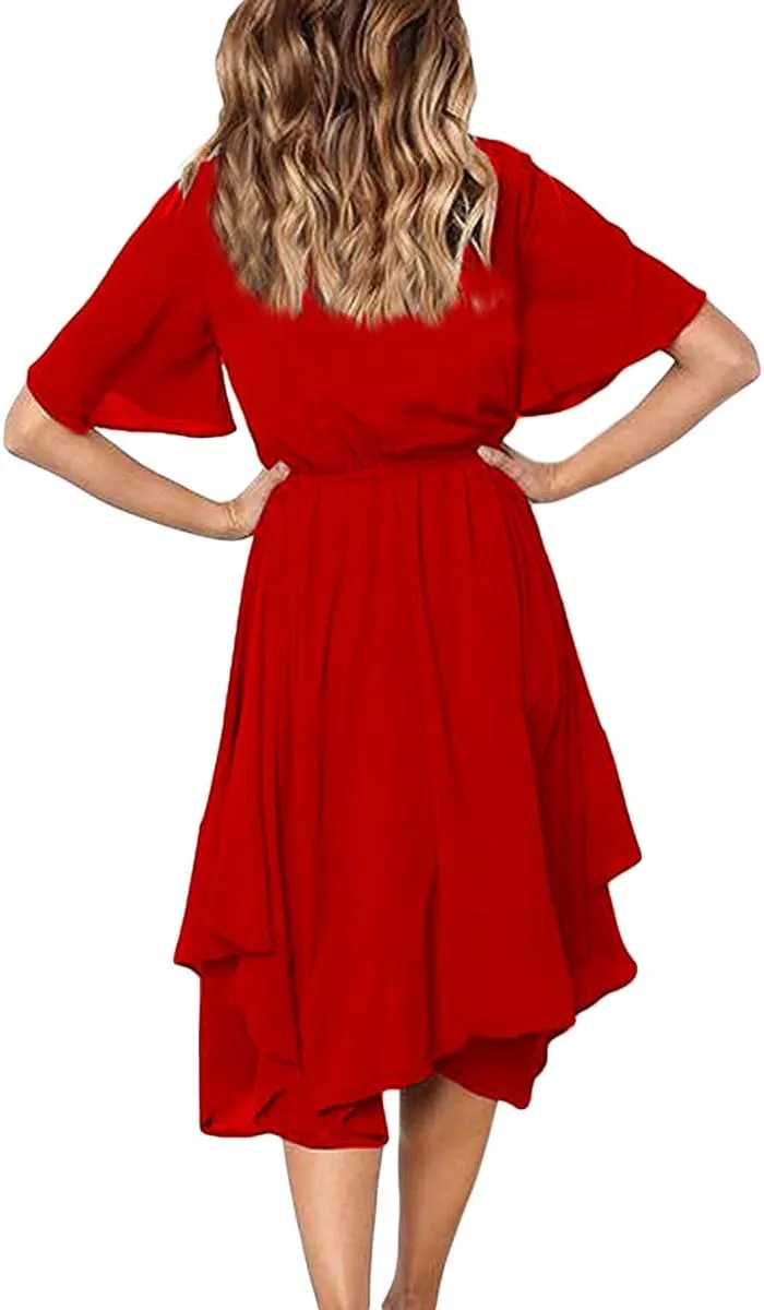 Alaster Womens Chiffon Short Sleeve Casual Midi Dress Irregular Hem Summer Dress